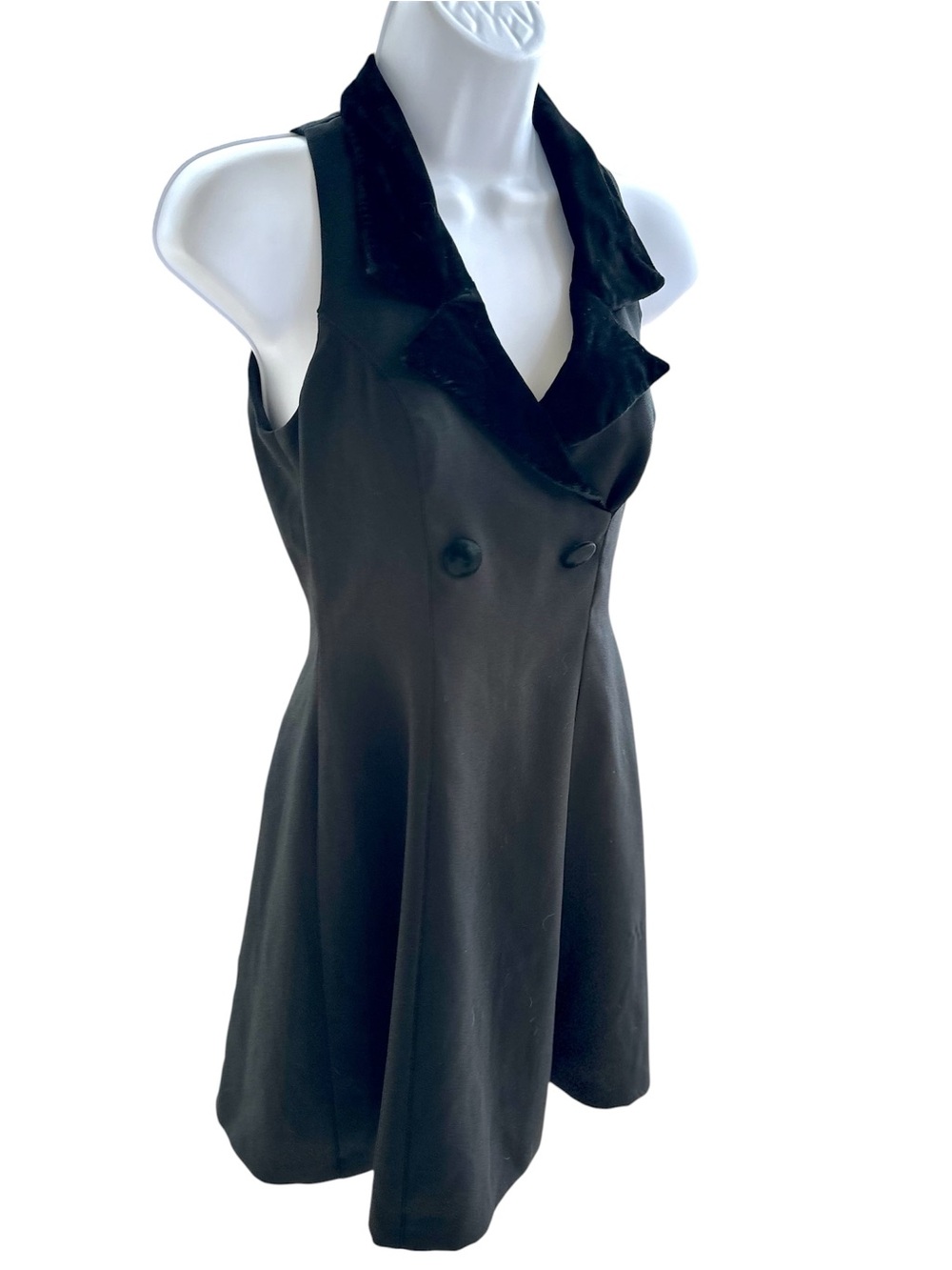 Vintage Black Sleeveless Mini Dress with Velvet Collar - Tuxedo Style